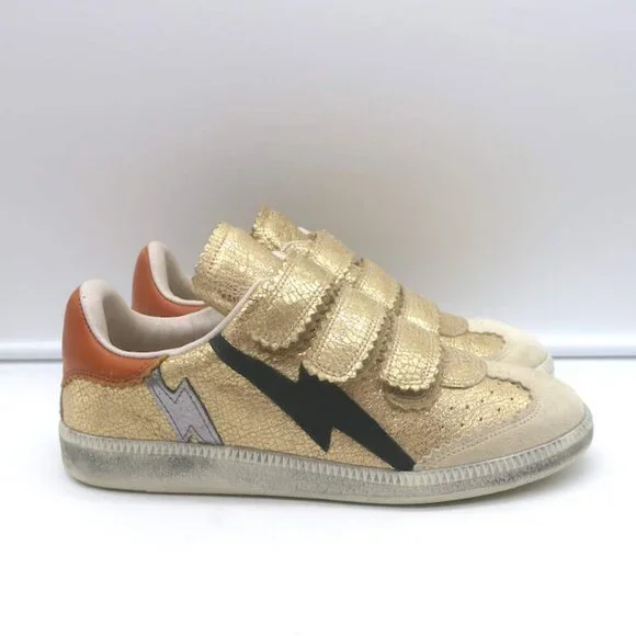 Isabel Marant Beth Lightning Bolt Sneakers Gold Metallic Cracked Leather Size 37 - Picture 2 of 13